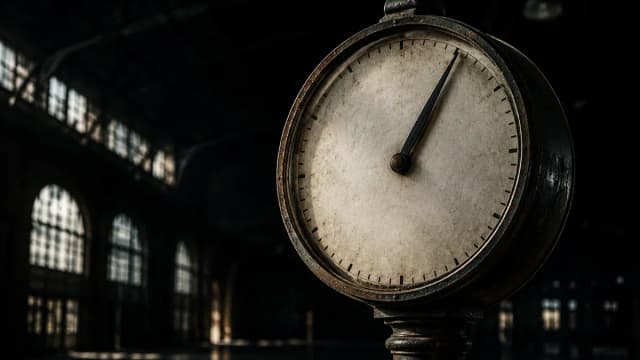 Grosse Bahnhofsuhr mit leerem Zifferblatt ohne Ziffern in einer dunklen Halle, der Zeiger kurz vor dem Ende einer Runde