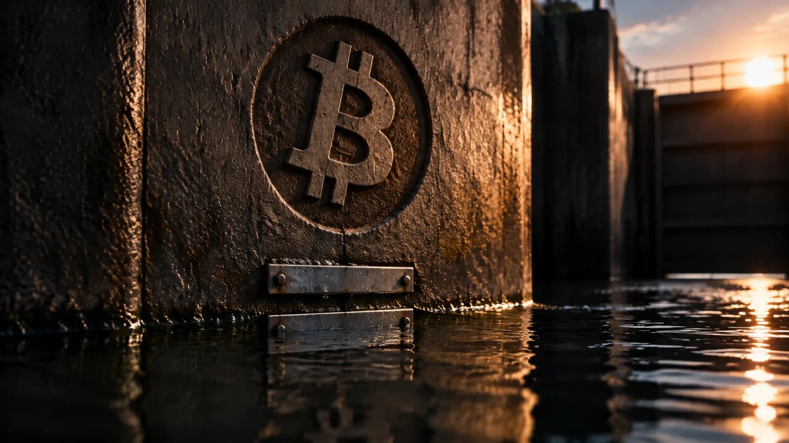 Nasse Betonwand einer Flussschleuse im Morgenlicht, eine Metallmarke knapp ueber dem Wasserstand, darueber das Bitcoin-Zeichen als tiefe Gravur
