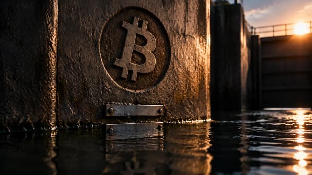 Nasse Betonwand einer Flussschleuse im Morgenlicht, eine Metallmarke knapp ueber dem Wasserstand, darueber das Bitcoin-Zeichen als tiefe Gravur