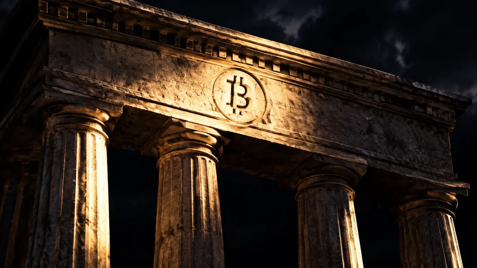 Nächtliches klassizistisches Säulenportal im Streiflicht, in den steinernen Portalsturz ist das Bitcoin-Zeichen tief eingemeißelt