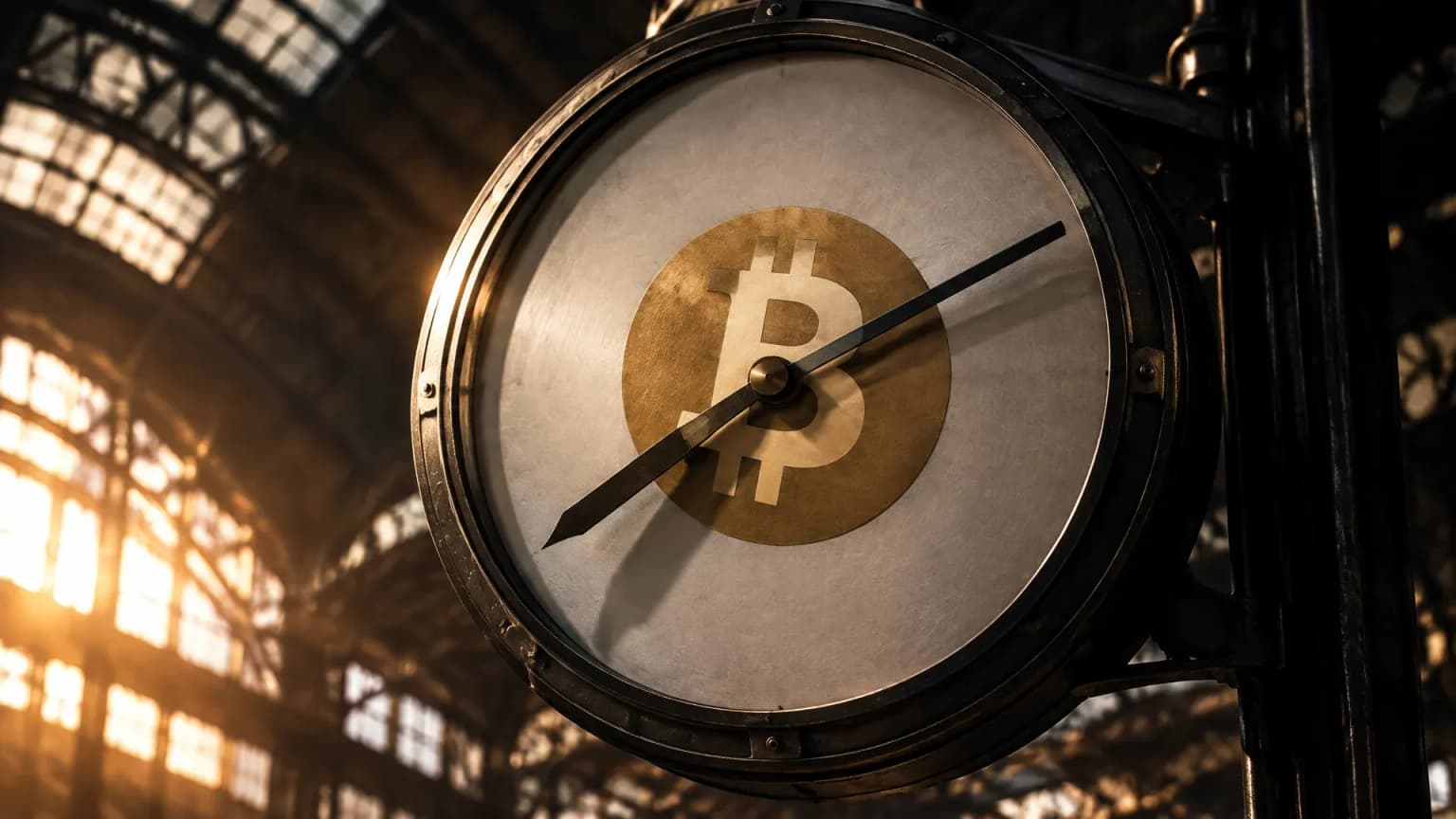 Große Bahnhofsuhr aus dunklem Stahl unter einem Hallendach im Morgenlicht, in der Mitte des Zifferblatts das Bitcoin-Zeichen als Messing-Intarsie, der Zeiger wirft einen harten Schatten