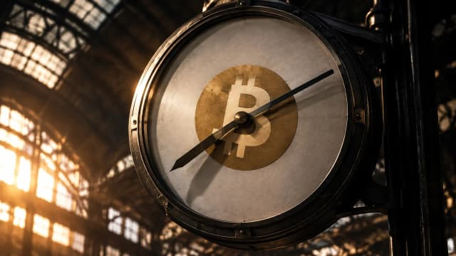 Große Bahnhofsuhr aus dunklem Stahl unter einem Hallendach im Morgenlicht, in der Mitte des Zifferblatts das Bitcoin-Zeichen als Messing-Intarsie, der Zeiger wirft einen harten Schatten