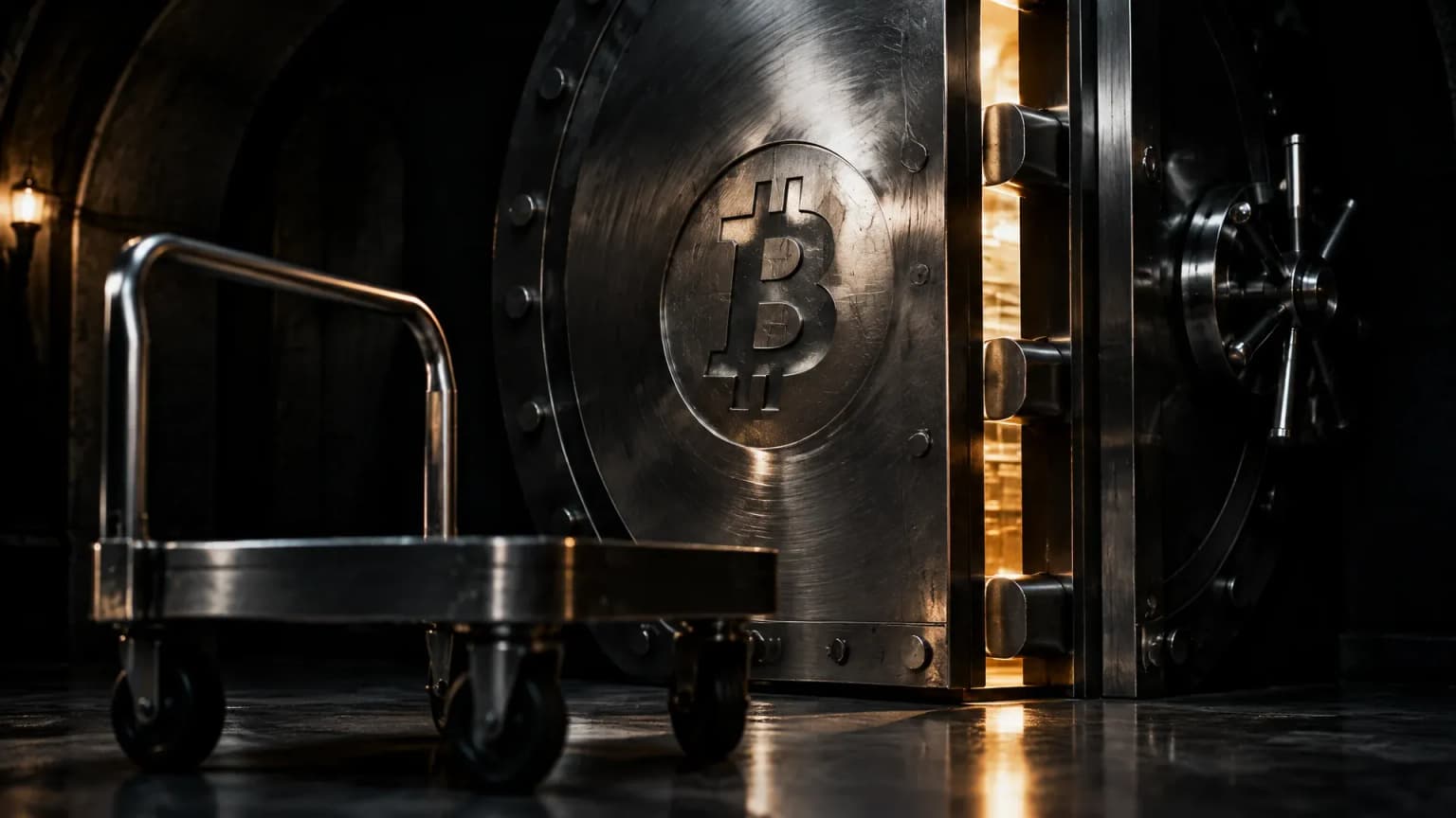 Schwere Stahltuer eines Banktresors in einem dunklen Gewoelbe, einen Handbreit geoeffnet, im Stahl das eingepraegte Bitcoin-Zeichen, davor ein leerer Transportwagen