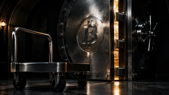 Schwere Stahltuer eines Banktresors in einem dunklen Gewoelbe, einen Handbreit geoeffnet, im Stahl das eingepraegte Bitcoin-Zeichen, davor ein leerer Transportwagen