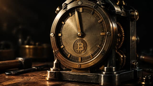 Schwere mechanische Messinguhr auf einer dunklen Werkbank, der kräftige Zeiger steht knapp neben seinem Ausgangspunkt, auf dem Zifferblatt das eingeprägte Bitcoin-Zeichen