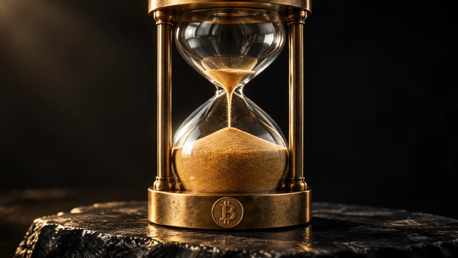 Schwere glaeserne Sanduhr auf dunkler Steinplatte, der Sand fast durchgelaufen, im Messingring die Gravur des Bitcoin-Zeichens