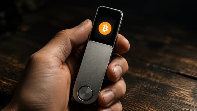 Eine Hand haelt eine markenlose Hardware-Wallet aus gebuerstetem Metall, auf deren Display das Bitcoin-Zeichen leuchtet, darunter eine dunkle Holzwerkbank