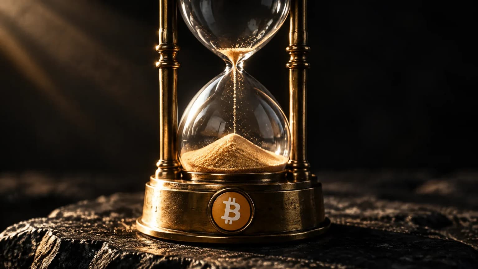 Schwere messingfarbene Sanduhr auf dunklem Stein, der obere Kolben fast leer, im Sockel eine runde Plakette mit dem Bitcoin-Zeichen