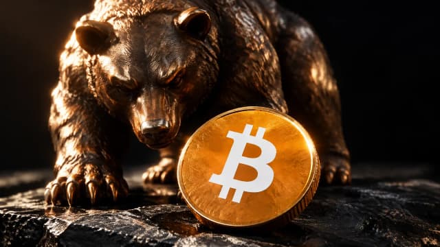 Bronzene Baerenfigur auf dunklem Schiefer, davor eine schwere Muenze mit dem Bitcoin-Zeichen