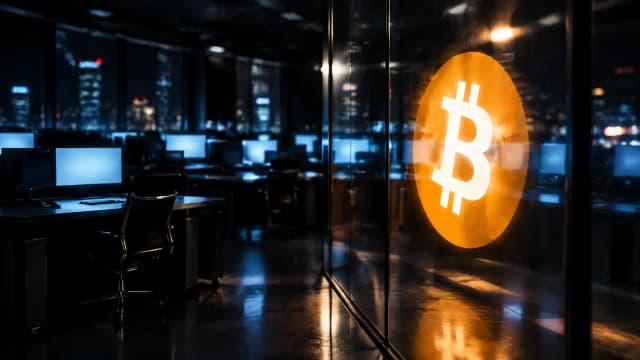 Nächtlicher Handelssaal mit leeren Pulten und kalt leuchtenden Monitorflächen, in der Glastrennwand davor spiegelt sich das Bitcoin-Zeichen