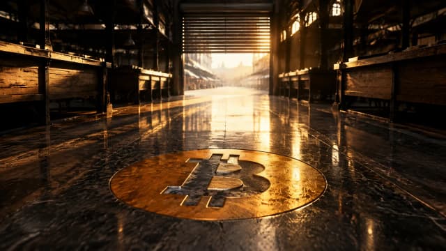 Leere Markthalle im ersten Morgenlicht mit halb geöffnetem Rollgitter und leeren Holztischen, in die Steinplatte des Mittelgangs ist das Bitcoin-Zeichen tief eingelassen