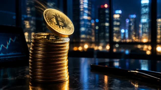 Ein Stapel goldener Bitcoin-Münzen auf einem dunklen Handelstisch bei Nacht, eine Münze rutscht vom Stapel