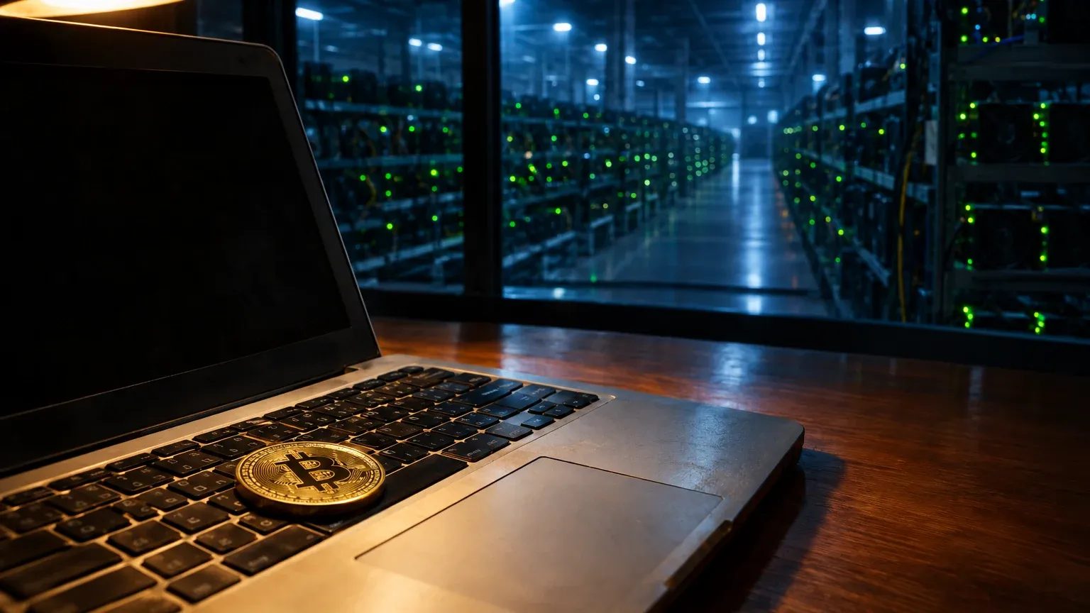 Ein alter Laptop mit einer goldenen Bitcoin-Münze vor einer Halle mit Reihen von Mining-Maschinen