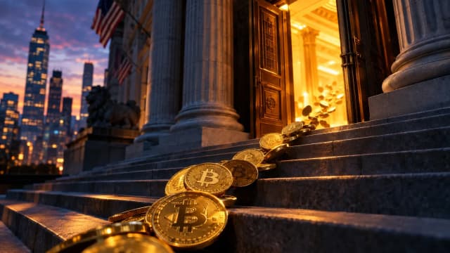 Stream of gold Bitcoin coins flowing into the open doors of a columned stock exchange at dusk