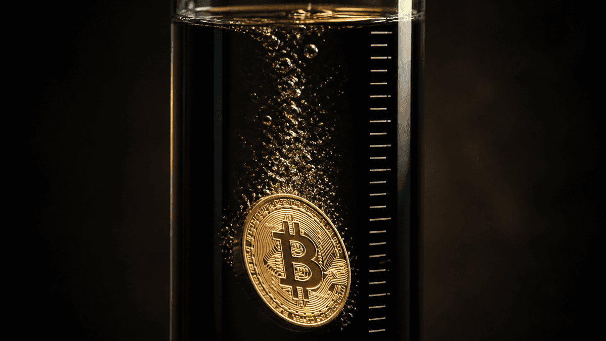 Muenze mit Bitcoin-Zeichen sinkt in ein hohes Glasgefaess mit dunkler Fluessigkeit und eingravierter Messskala