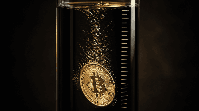 Muenze mit Bitcoin-Zeichen sinkt in ein hohes Glasgefaess mit dunkler Fluessigkeit und eingravierter Messskala