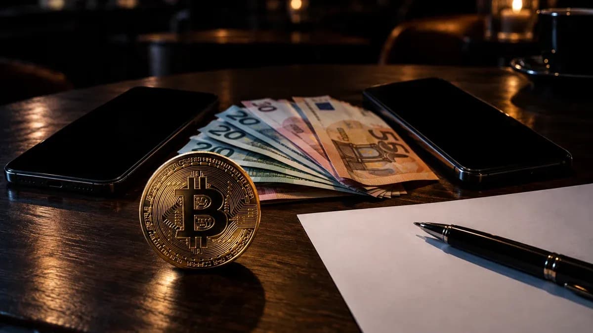 Zwei Smartphones mit schwarzen Bildschirmen auf einem Cafétisch, daneben aufgefächerte Euro-Scheine und eine Metallmünze mit eingeprägtem Bitcoin-Zeichen