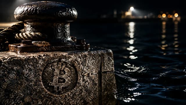Naechtliche Kaikante mit schweren Stahlpollern, in die Granitmauer ist das Bitcoin-Zeichen als tiefe Gravur eingelassen, daneben eine Pegelkerbe, das Wasser steht knapp darueber