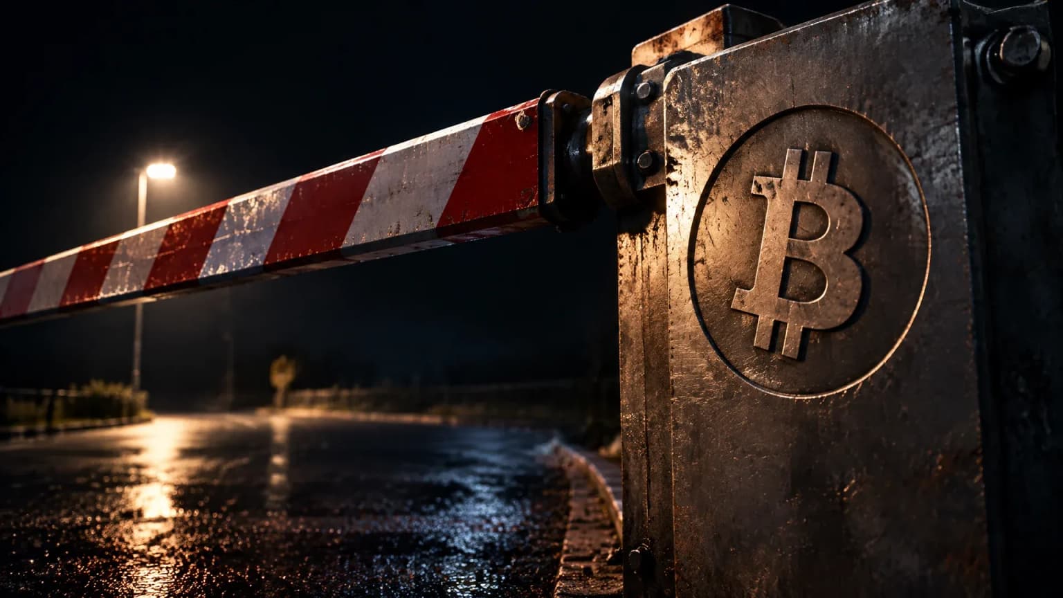 Stählerne Straßenschranke senkt sich bei Nacht über eine nasse leere Zufahrt, in das Gegengewicht ist das Bitcoin-Zeichen tief eingraviert