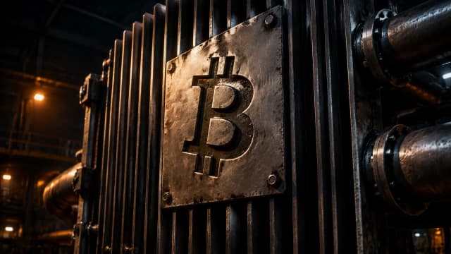 Mannshohe Wand aus schweren metallenen Kuehlrippen einer Industrieanlage in einer dunklen Halle, dicke Rohre fuehren seitlich weg, in die mittlere Metallplatte ist das Bitcoin-Zeichen tief eingraviert