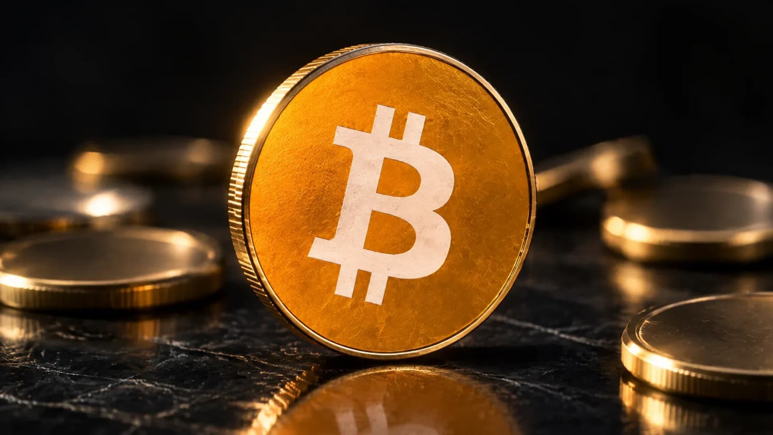 Eine aufrecht stehende goldene Muenze mit dem Bitcoin-Zeichen scharf im Vordergrund auf dunkler Steinplatte, ringsum liegen mehrere blanke Muenzen ohne Zeichen umgefallen im Unscharfen