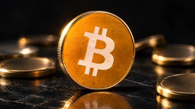 Eine aufrecht stehende goldene Muenze mit dem Bitcoin-Zeichen scharf im Vordergrund auf dunkler Steinplatte, ringsum liegen mehrere blanke Muenzen ohne Zeichen umgefallen im Unscharfen