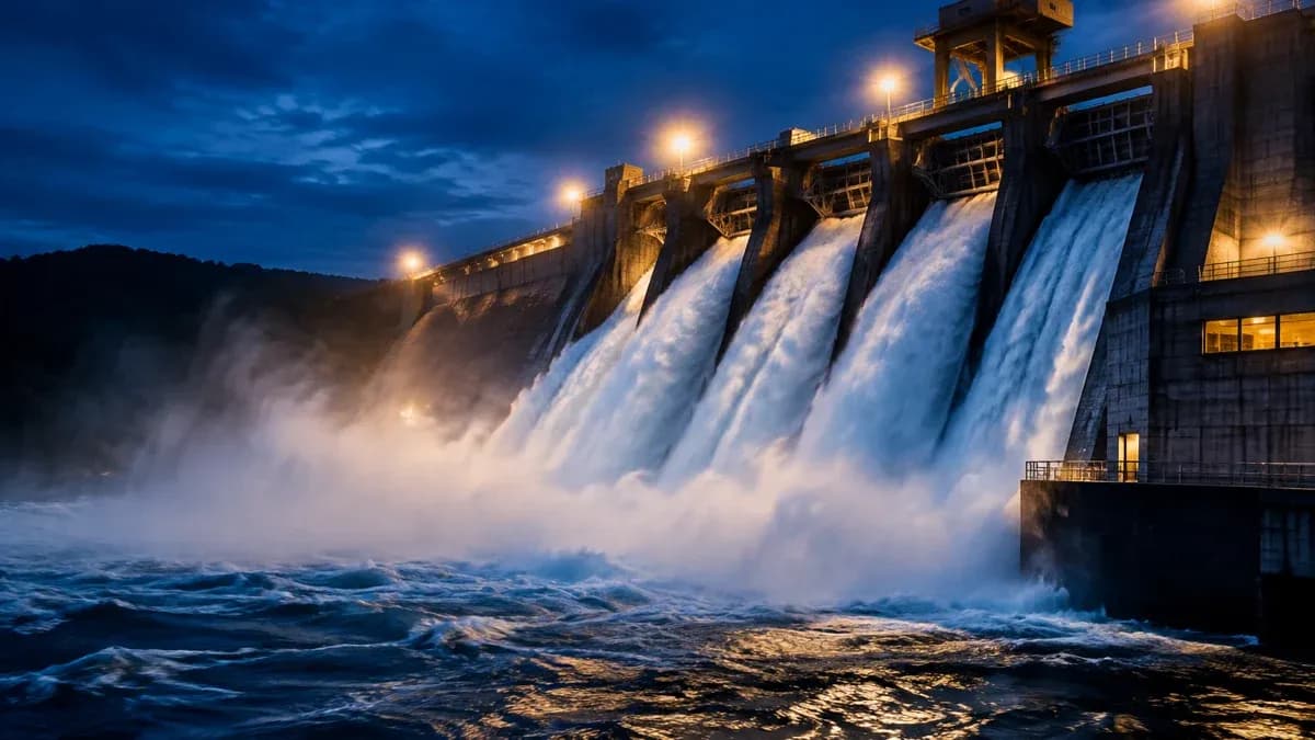 Staudamm in der Dämmerung, Wasser strömt durch die geöffneten Überläufe
