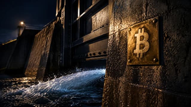 Stahlschütz eines Betonwehrs bei Nacht, Wasser drückt unter dem halb geschlossenen Tor hindurch, an der Mauer eine Messingplakette mit dem Bitcoin-Zeichen