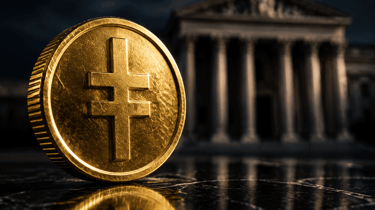 Goldene Münze mit eingeprägtem Währungszeichen im Makro, dahinter unscharf das Säulenportal eines Notenbankgebäudes