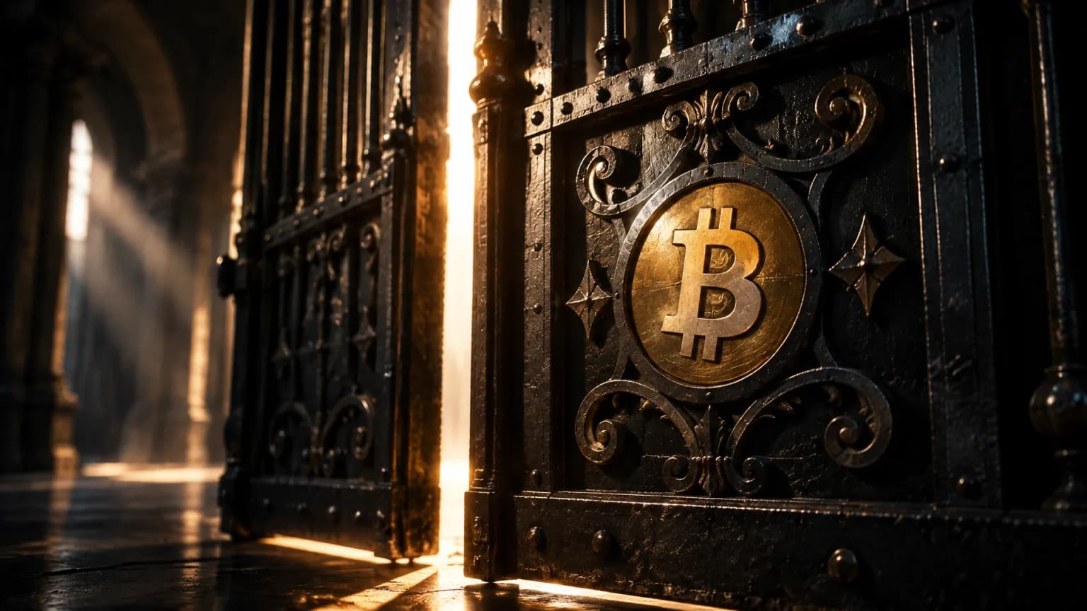 Schweres schmiedeeisernes Tor im Gegenlicht einer leeren Halle, in den Torflügel ist das Bitcoin-Zeichen als Messingintarsie eingelassen