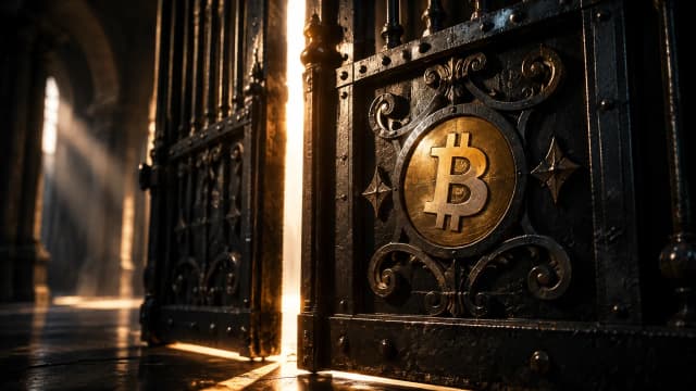 Schweres schmiedeeisernes Tor im Gegenlicht einer leeren Halle, in den Torfluegel ist das Bitcoin-Zeichen als Messingintarsie eingelassen