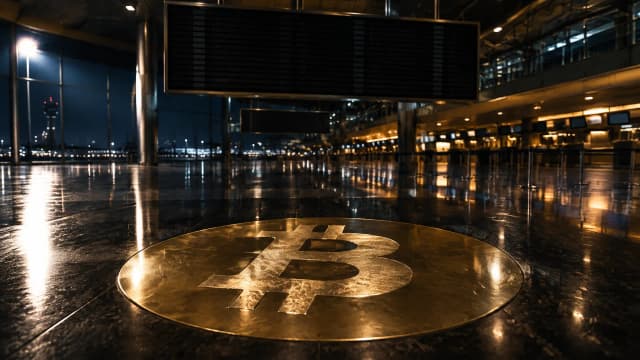 Menschenleere Abflughalle eines Flughafens bei Nacht, die grosse Anzeigetafel ueber der Abfertigung ist schwarz und leer, im polierten Steinboden liegt das Bitcoin-Zeichen als grosse Messing-Intarsie