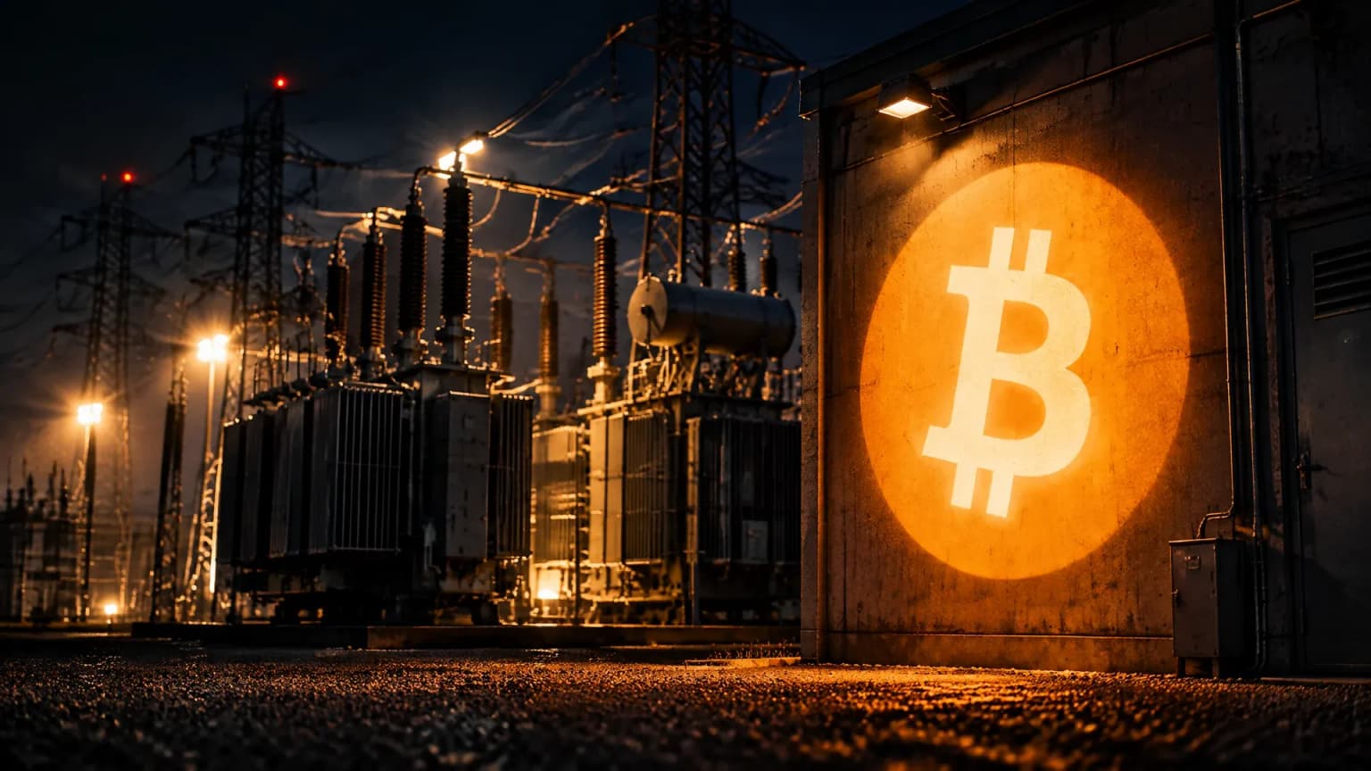Naechtliches Umspannwerk mit Transformatoren und Hochspannungsmasten, an der Betonwand der Schaltstation leuchtet das Bitcoin-Zeichen