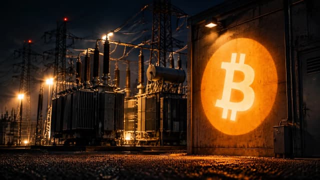 Naechtliches Umspannwerk mit Transformatoren und Hochspannungsmasten, an der Betonwand der Schaltstation leuchtet das Bitcoin-Zeichen