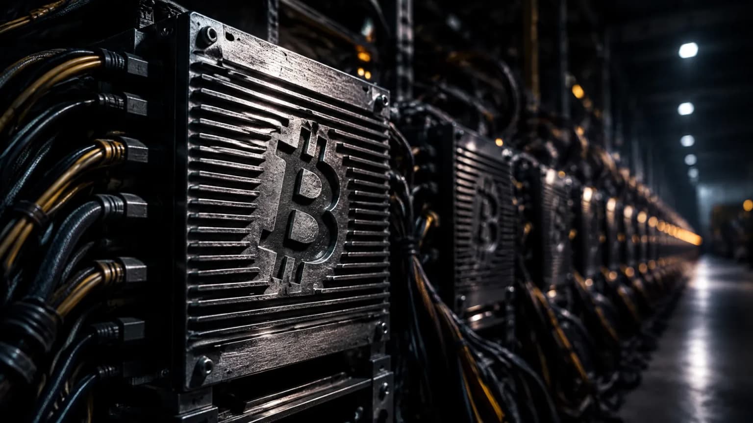 Lange Reihe schwerer Rechengeräte in einer dunklen Industriehalle, in die geriffelte Metallblende des vordersten Geräts ist das Bitcoin-Zeichen tief eingraviert