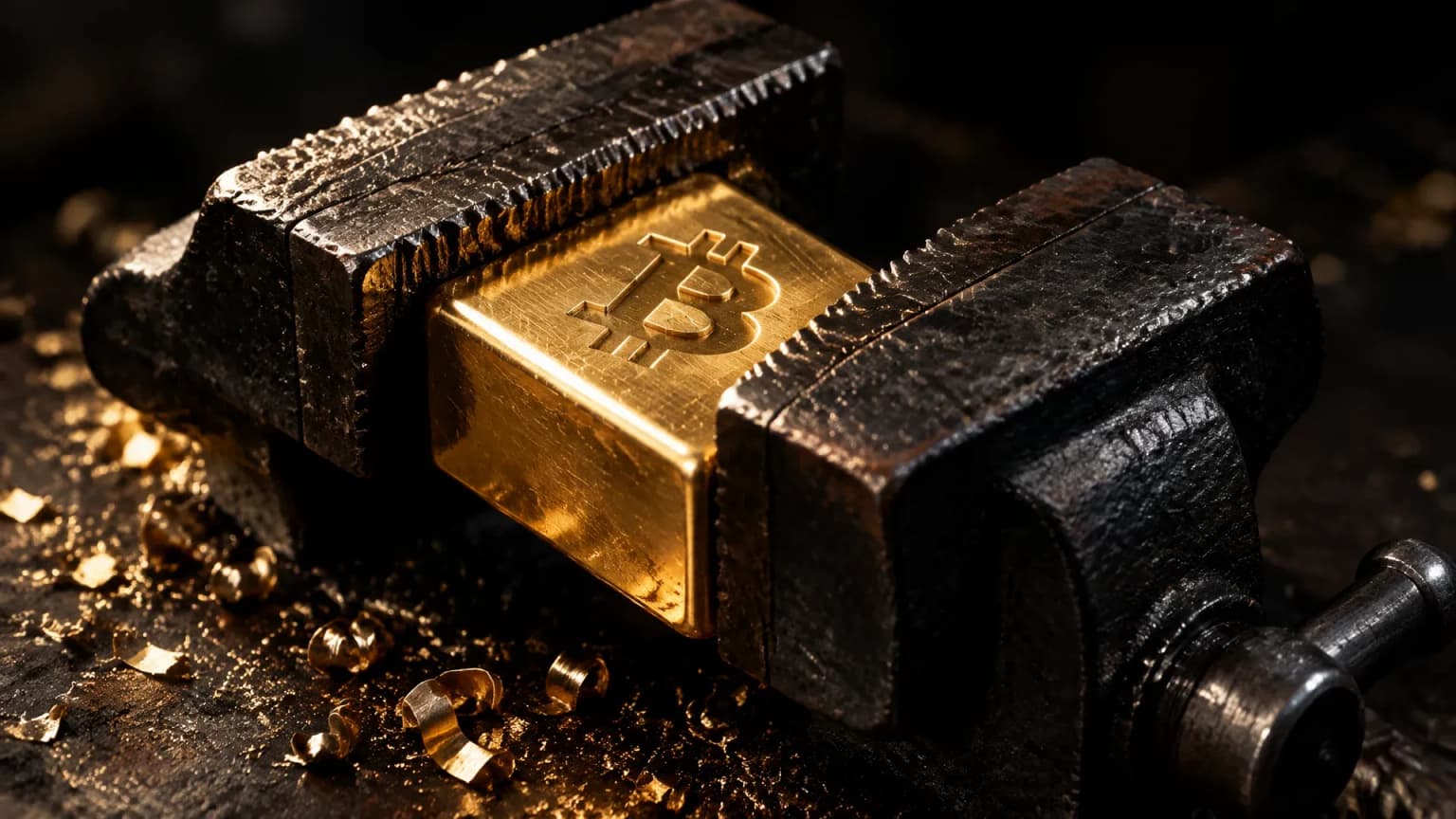 Gusseiserner Schraubstock schließt sich um einen Messingbarren mit dem Bitcoin-Zeichen, Metallspäne auf dunkler Werkbank