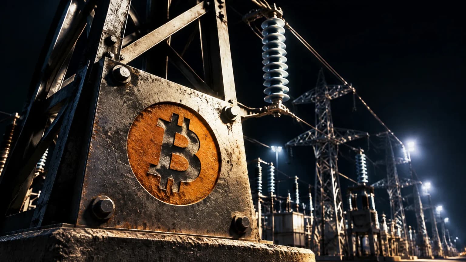 Reihe von Hochspannungsmasten bei Nacht ueber einem Umspannwerk, in eine Stahlplatte am Fuss des vordersten Mastes ist das Bitcoin-Zeichen tief eingraviert