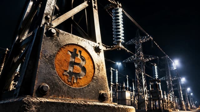 Reihe von Hochspannungsmasten bei Nacht ueber einem Umspannwerk, in eine Stahlplatte am Fuss des vordersten Mastes ist das Bitcoin-Zeichen tief eingraviert
