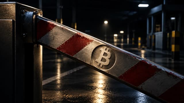 Sich senkender Stahl-Schlagbaum in einer nächtlichen Abfertigungshalle, in den rot-weißen Metallarm ist das Bitcoin-Zeichen als Gravur eingelassen