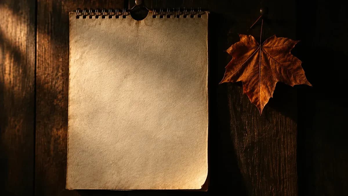 Hoja de calendario vacía en una pared de madera oscura y, al lado, una hoja de arce naranja seca