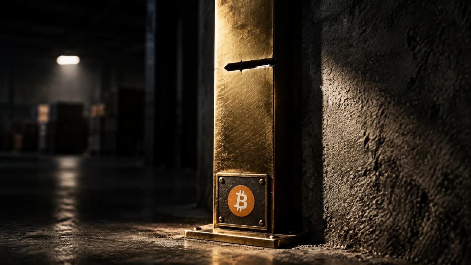 Schwere Messing-Messlatte an einer rauen Betonwand, auf Augenhöhe eine tief eingekerbte Markierung im Streiflicht, am Fuß eine Metallplakette mit dem Bitcoin-Zeichen