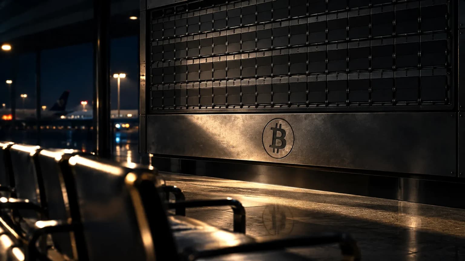 Leere mechanische Klappenanzeigetafel in einer nächtlichen Abflughalle, in die breite Metallblende darunter ist das Bitcoin-Zeichen tief eingraviert