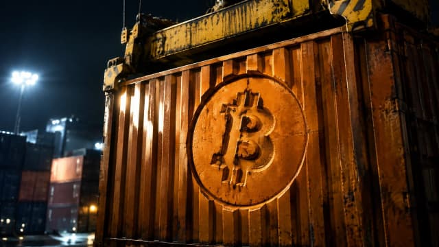 Nächtliches Frachtterminal im Scheinwerferlicht, ein Kranarm hebt einen Frachtcontainer, in dessen Stirnwand das Bitcoin-Zeichen tief eingeprägt ist