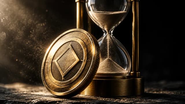 Eine aufrecht stehende Goldmuenze mit geometrischem Relief vor einer grossen Messing-Sanduhr aus dickem Glas auf dunklem Schiefer