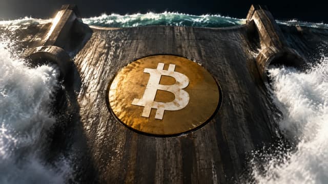 Messingintarsie mit dem Bitcoin-Zeichen in der Betonwand einer Staumauer, das Wasser steht dicht unter der Krone