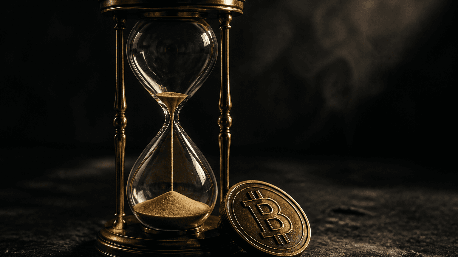 Gläserne Sanduhr mit Messinggestell auf dunkler Steinplatte, der obere Kolben ist fast leer, daneben lehnt eine schwere Metallmünze mit eingeprägtem B-Symbol
