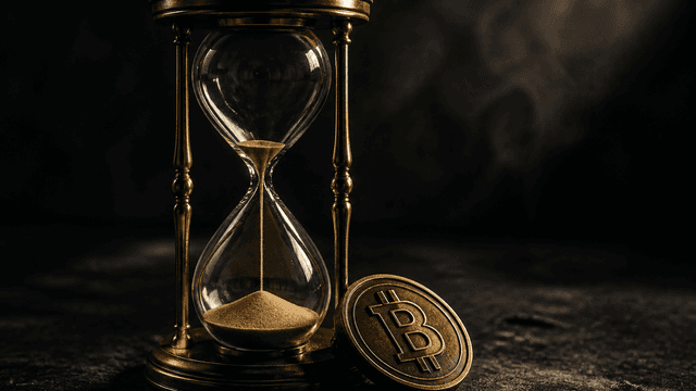 Glaeserne Sanduhr mit Messinggestell auf dunkler Steinplatte, der obere Kolben ist fast leer, daneben lehnt eine schwere Metallmuenze mit eingepraegtem B-Symbol