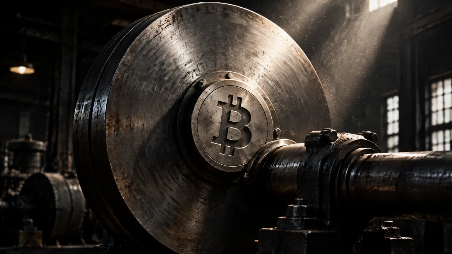 Schwere stählerne Schwungscheibe auf einer Industriewelle in einer alten Maschinenhalle, in die Nabe ist das Bitcoin-Zeichen tief eingraviert, Staub in einem Lichtstrahl