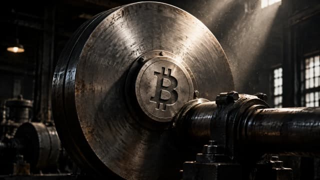 Schwere stählerne Schwungscheibe auf einer Industriewelle in einer alten Maschinenhalle, in die Nabe ist das Bitcoin-Zeichen tief eingraviert, Staub in einem Lichtstrahl