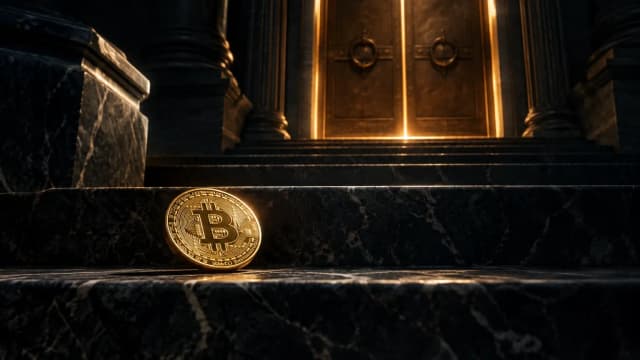 A gold Bitcoin coin on the second-to-last step of a marble staircase below a closed bronze door